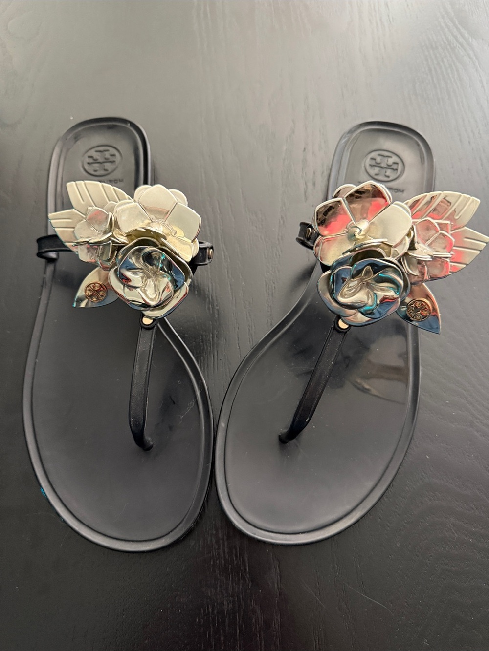 Tory Burch Black Jelly Sandals with Gold Floral Appliques - Picture 1 of 5